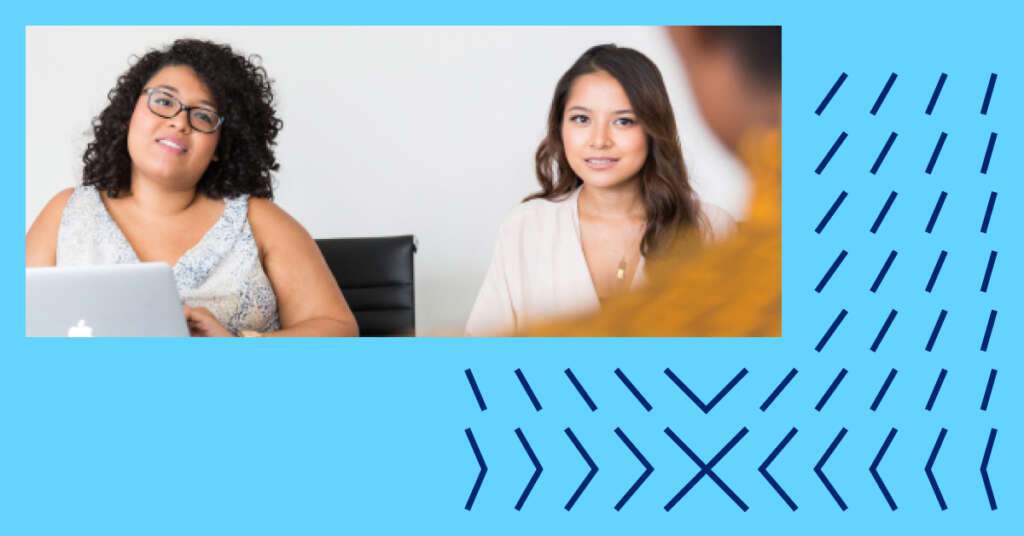 Decorative image of two people sitting across a desk from one other person, as in an interview